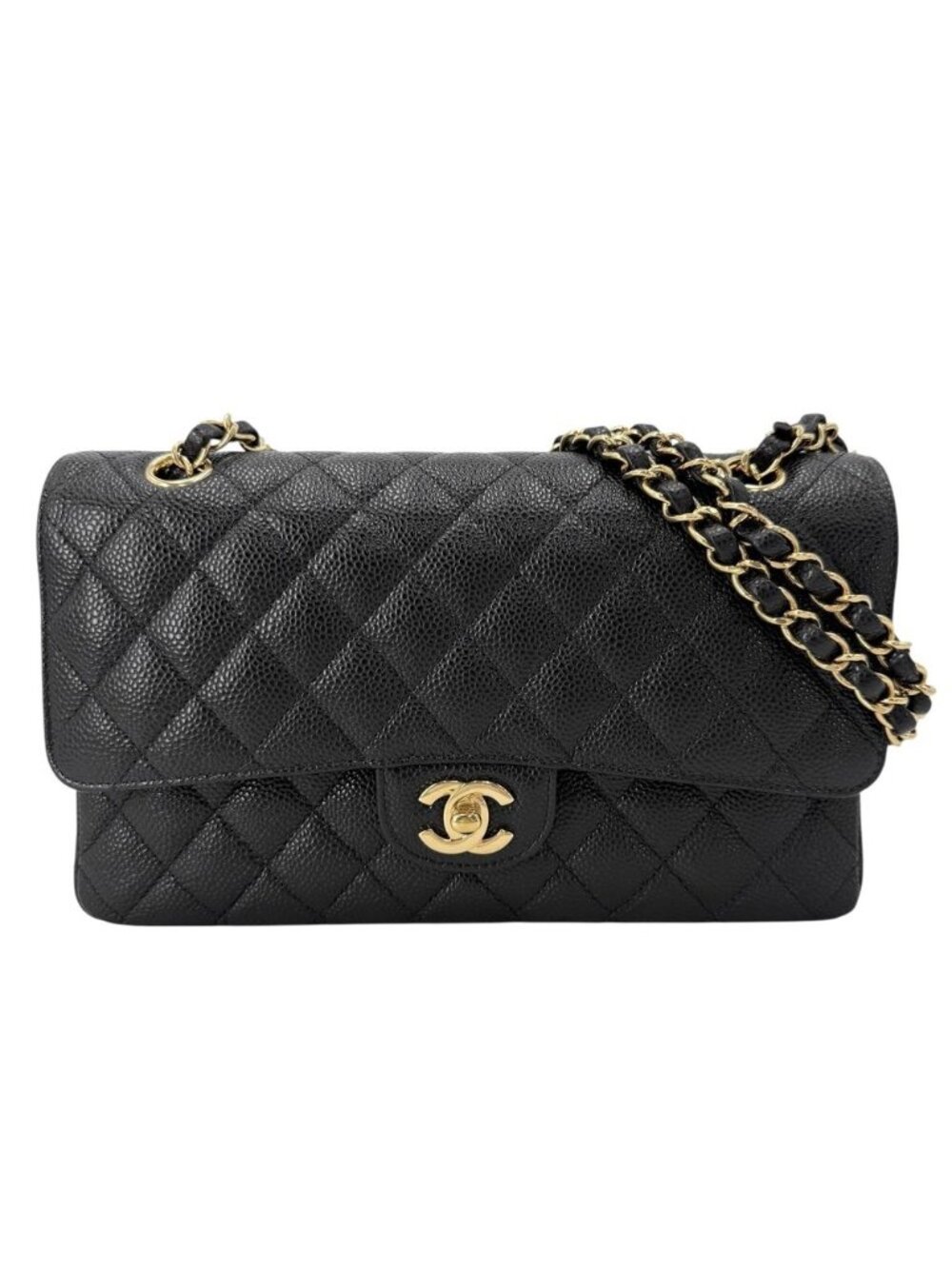 Chanel Shoulder Bag Quilted 25 Double Chain CC Logo Flap Crossbody Caviar